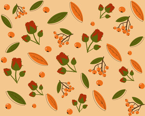 Autumn pattern, pattern with fallen leaves, berries, roses