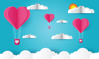 Fototapeta na wymiar Balloon flying on the sky with heart float , illustration of love and valentine day, vector paper cut.