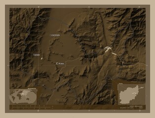 Kabul, Afghanistan. Sepia. Labelled points of cities