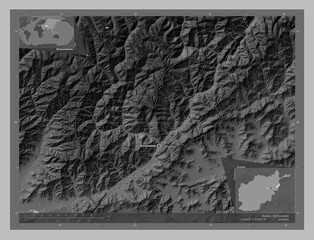 Kunar, Afghanistan. Grayscale. Labelled points of cities