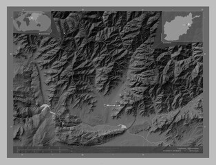 Laghman, Afghanistan. Grayscale. Labelled points of cities