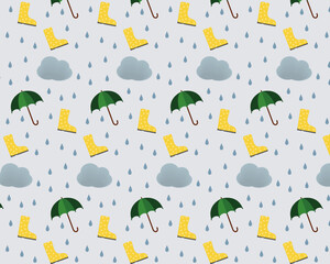 Autumn pattern, pattern with rain, clouds, drops, umbrella, rubber boots