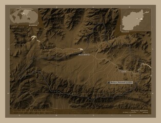 Nangarhar, Afghanistan. Sepia. Labelled points of cities
