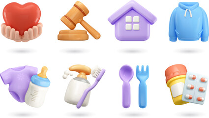 Help, legal services, housing, clothing, goods for children, hygiene, food, medicines. 3d vector icon set - 526299845