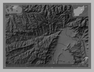 Parwan, Afghanistan. Grayscale. Labelled points of cities