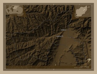 Parwan, Afghanistan. Sepia. Labelled points of cities