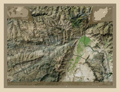 Parwan, Afghanistan. High-res satellite. Labelled points of cities