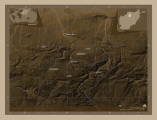 Sari Pul, Afghanistan. Sepia. Labelled points of cities