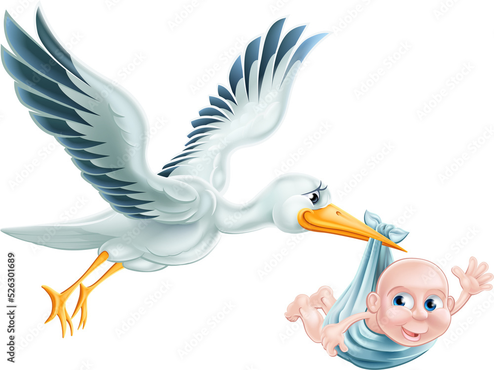 Wall mural stork and baby flying cartoon