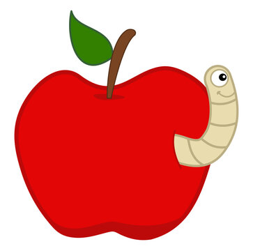 Smiling white maggot coming out of a juicy red apple 