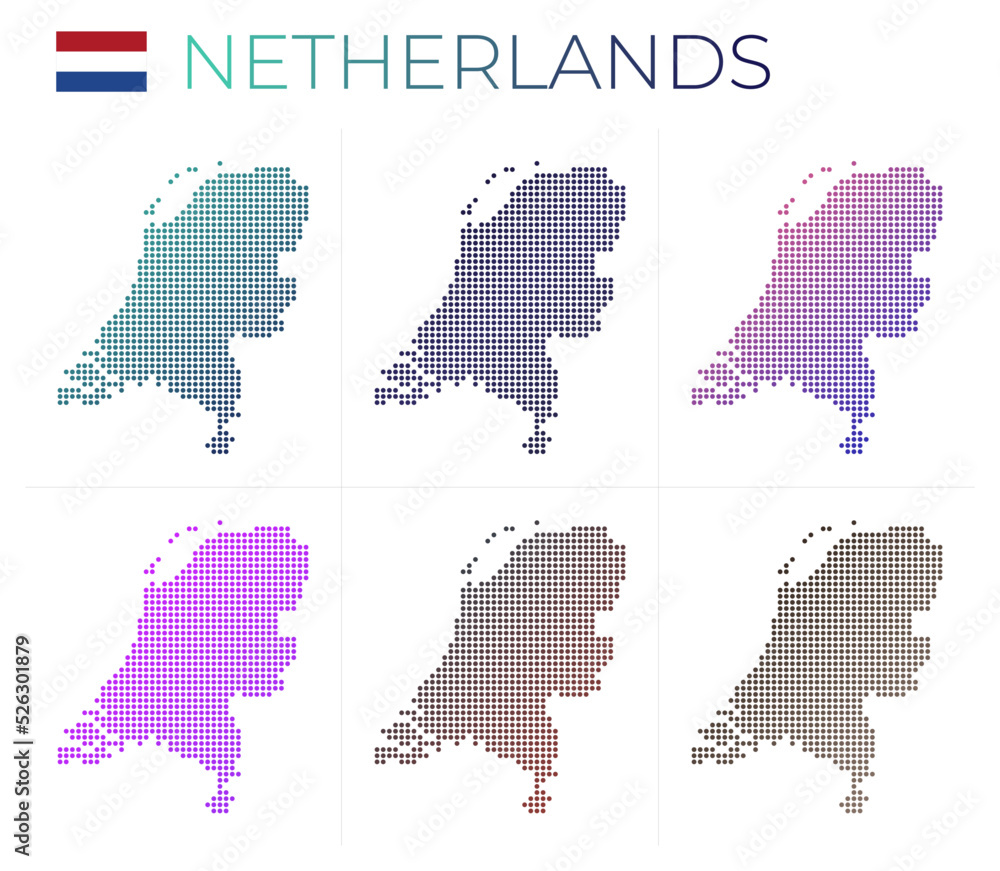 Poster netherlands dotted map set. map of netherlands in dotted style. borders of the country filled with b
