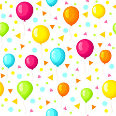 Vector seamless pattern with colorful balloons isolated on white background. Cartoon ballooons with confetti seamless pattern .Gift birthday wrapping, packaging, wrapping paper
