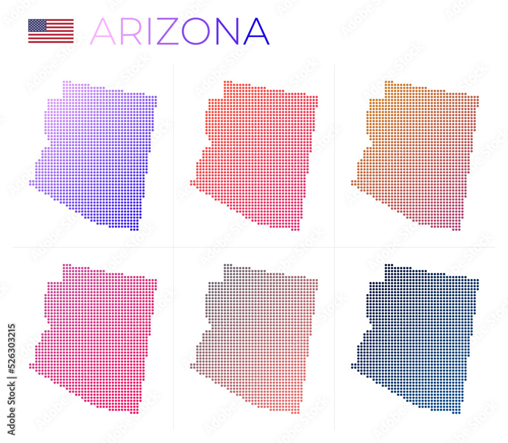 Poster arizona dotted map set. map of arizona in dotted style. borders of the us state filled with beautifu