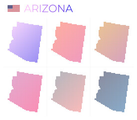 Arizona dotted map set. Map of Arizona in dotted style. Borders of the US state filled with beautiful smooth gradient circles. Artistic vector illustration.