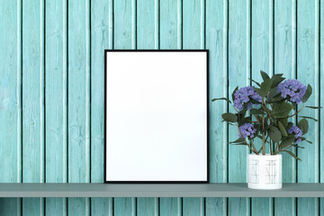 Fototapeta premium Picture frame mockup with a beautiful flower vase on blue wooden wall. 3d rendered illustration.