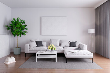 Picture wall mockup frame in a white living room, 3d rendered illustration.