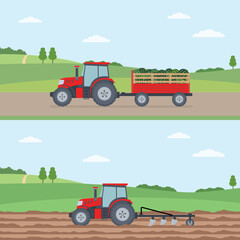 Tractor plowing the field. Tractor carrying the harvest. Agriculture concept. Vector illustration.