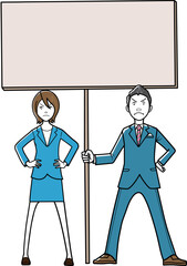 看板を持ち抵抗するビジネスマン、ビジネスウーマン