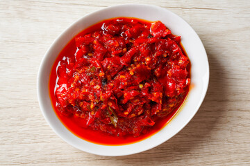Sambal Balado is Traditional red chili paste from Padang, West Sumatra

Sambal Balado is one of Indonesian signature condiment.