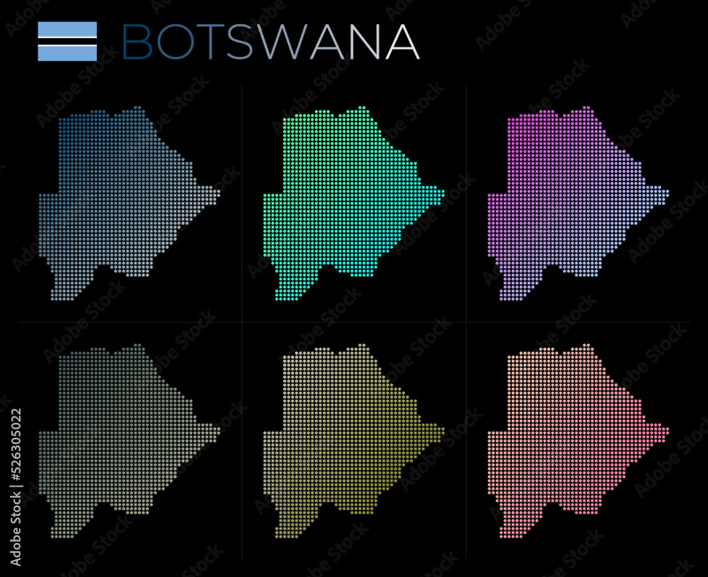 Poster botswana dotted map set. map of botswana in dotted style. borders of the country filled with beautif