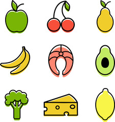 Healthy food icons set. Vector illustration. Linear style. Isolated on black background.