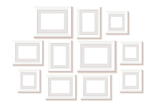 Frame collage on wall. Empty pictures, photo frame. Isolated illustration on pastel background. Vector illustration.