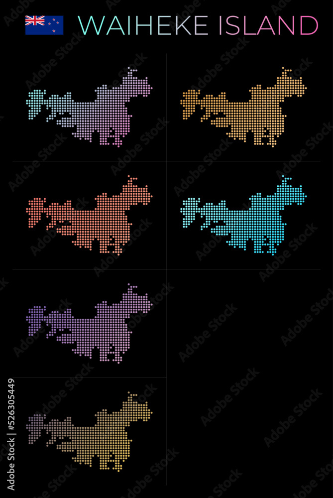 Poster waiheke island dotted map set. map of waiheke island in dotted style. borders of the island filled w