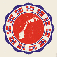 Norway vintage sign. Grunge round logo with map and flags of Norway. Amazing vector illustration.