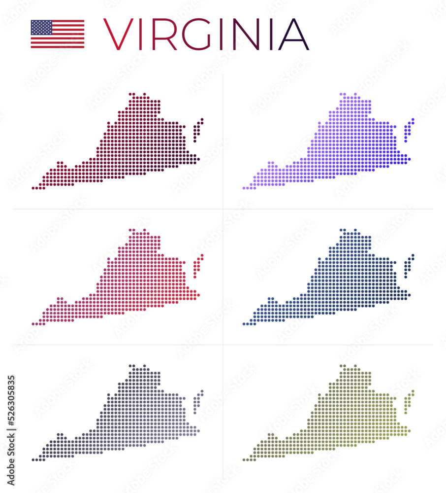 Poster virginia dotted map set. map of virginia in dotted style. borders of the us state filled with beauti
