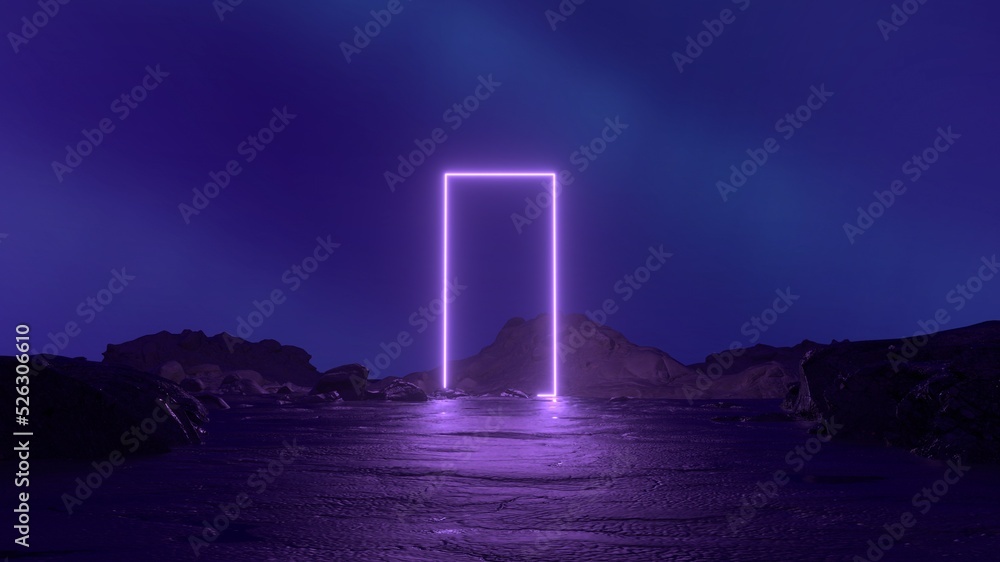 Poster mysterious cosmic landscape with rocks and neon purple square frame. abstract sci fi geometric backg