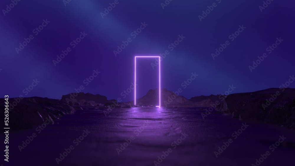 Poster 4k mysterious cosmic landscape with neon purple square frame. space distortion. abstract sci fi geom