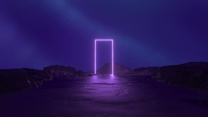 4K Mysterious cosmic landscape with neon purple square frame. Space distortion. Abstract sci fi geometric background. Futuristic concept. Moving forward. Seamless loop 3d animation render - Powered by Adobe