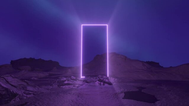 4K Mysterious cosmic landscape with neon purple square frame. Passage to another dimension. Abstract sci fi geometric background. Futuristic concept. Moving forward. Seamless loop 3d animation render