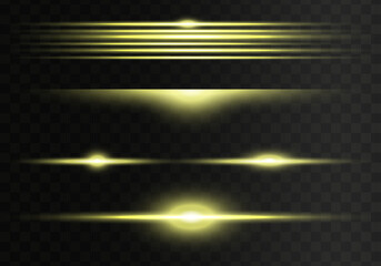 Set of yellow horizontal lens flares pack. Abstract light flares, laser beams, sparkling lined, horizontal light rays. Vector illustration.