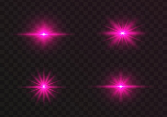 Set of glowing light stars on a transparent background. Transparent shining sun, star explodes and bright flash. Red bright illustration starburst. 