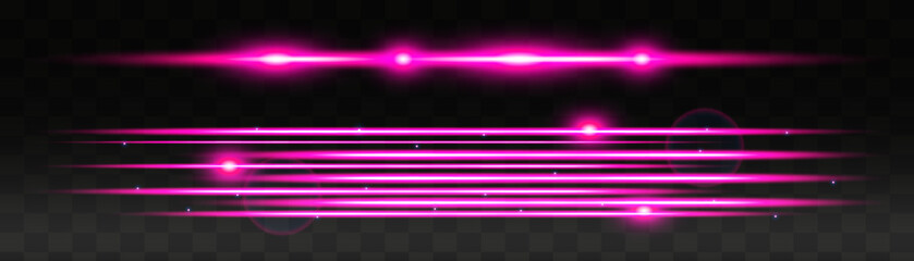 Set of pink horizontal lens flares pack. Abstract light flares, laser beams, sparkling lined, horizontal light rays. Vector illustration.