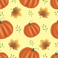 Autumn leaves and pumpkins seamless pattern background, vector illustration