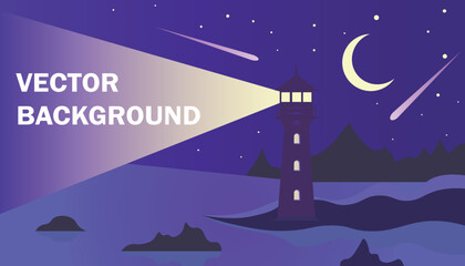 Explore Nature poster web page template with lighthouse at night with crescent moon in a starry sky ad bright shining beam, colored vector illustration