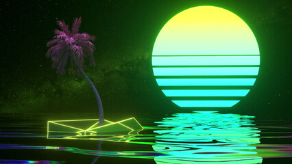 Retro futuristic style. Album's cover 80's. Digital palm tree. Water. Neon sunset. Green blue color. 3d illustration