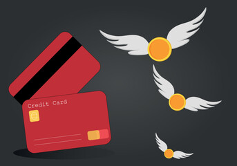 Credit card payment, business concept and money with wings. Vector flat style illustration.