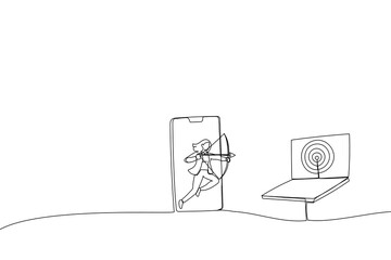 Cartoon of businesswoman from mobile app aiming target and other computer laptop. Metaphor for remarketing or behavioral retargeting in digital advertising. Single continuous line art style