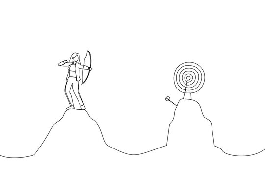 Drawing of overconfidence businesswoman archery terribly missed target. Metaphor for terrible missed target, failure or mistake. Single line art style