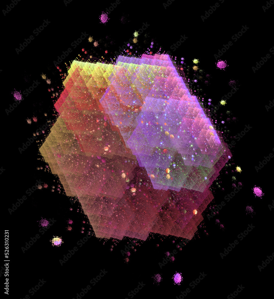 Aufkleber illuminated geometric pattern with splashes and dots on a black background. abstract fractal backgro