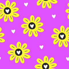 Fototapeta na wymiar Seamless pattern. Funny cartoon illustration. Vector icon of yellow chamomile with hearts. Comic element for sticker, graphic tee print, bullet journal cover, card. 1990s style. Bright neon colors.