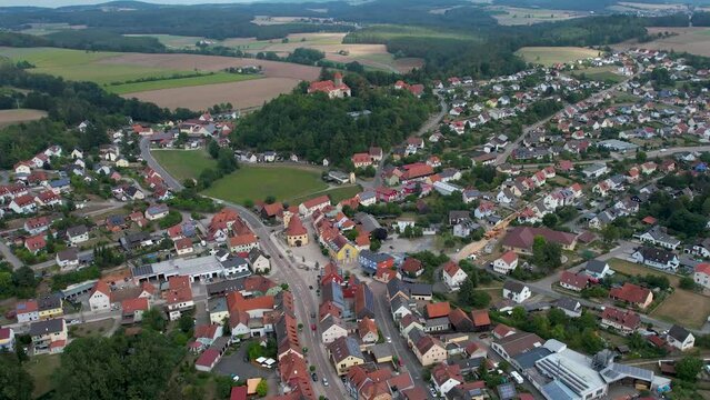 Aerial view around the town Wernberg in Germany, Bavaria on a cloudy day in summer.