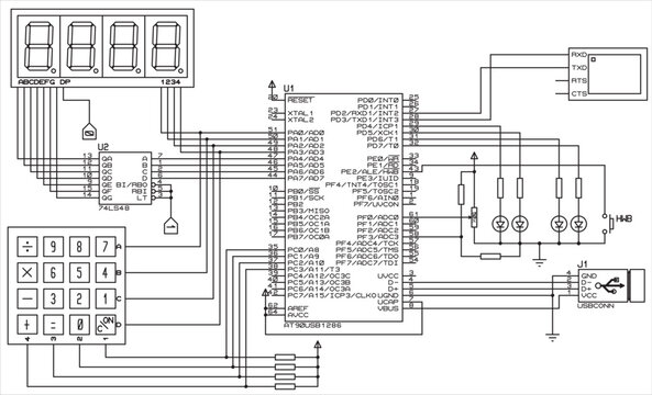 The vector  electrical schematic diagram of a digital usb
information output device,
operating under the control of an ATmega microcontroller.
Vector drawing of an electronic device in a1 format.
