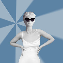 Young woman in white dress headed by antique female statue  in black sunglasses isolated on abstract color blue background. Trendy collage in magazine surreal style. Contemporary art. Modern design