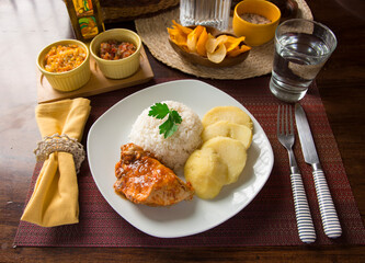 Roasted chicken with boiled potatoes Peruvian gourmet restaurant food