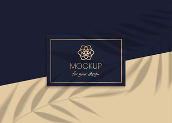 Plant shadow overlay vector mockup horizontal business card two sides. Realistic shadows overlays tropic leaf on blue background. Template card, social media, flyer, logo in luxury trendy gold beige