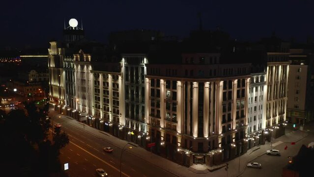 Business center builiding and road at night in Kiev. Astarta business center in Kyiv.